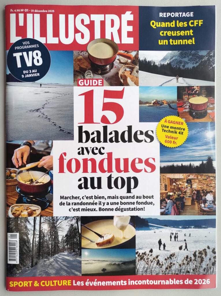 Photo de couverture d'un numéro du magazine «L'illustré», illustrant le sujet principal consacré à la dégustation de fondue en montagne, photos à l'appui.